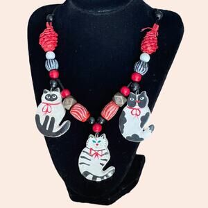 Folk Art Cat Necklace Handpainted Wood Eccentric Eclectic